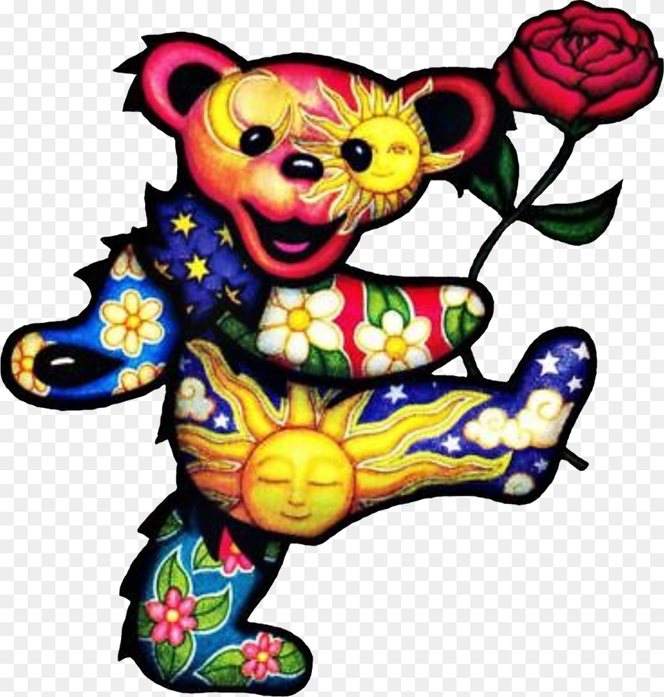 Hippie Psychedelic Deadhead Greatfuldead Bear Mydrunken Grateful Dead Dancing Bear With Rose, Flower, Plant, Face, Head Png Image