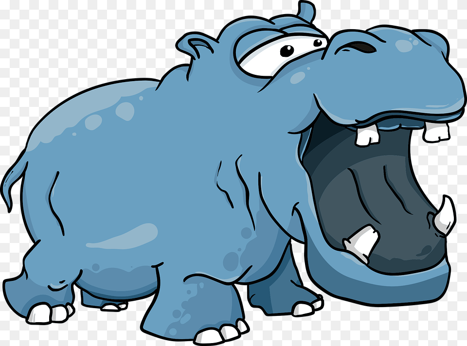 Hippo Mouth Teeth Large Cartoon Blue Funny Cartoon Animals With Mouth Open, Animal, Wildlife, Mammal, Baby Free Png