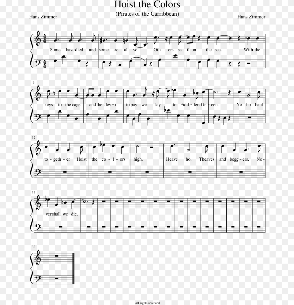 Hoist The Colors Sheet Music Composed By Hans Zimmer Sheet Music, Gray Free Transparent Png