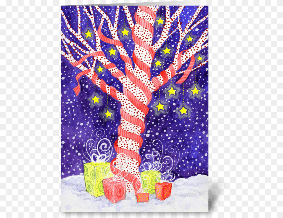 Holiday Tree Ribbon Wrapped With Stars Greeting Card Greeting Card, Art, Food, Sweets, Painting Free Png