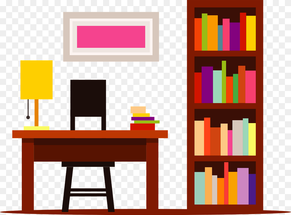 Home Library With Desk And Bookshelf Clipart, Furniture, Table, Bookcase, Book Png Image