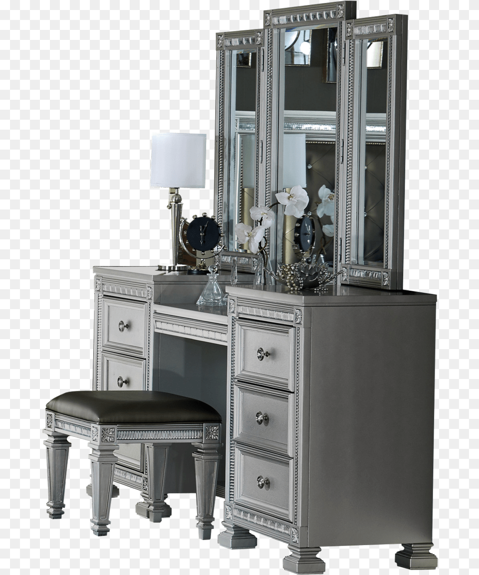 Homelegance Bevelle Vanity Mirror Stool Set In Metallic Bevelle Silver Vanity With Mirror By Homelegance, Cabinet, Dressing Room, Furniture, Indoors Png Image