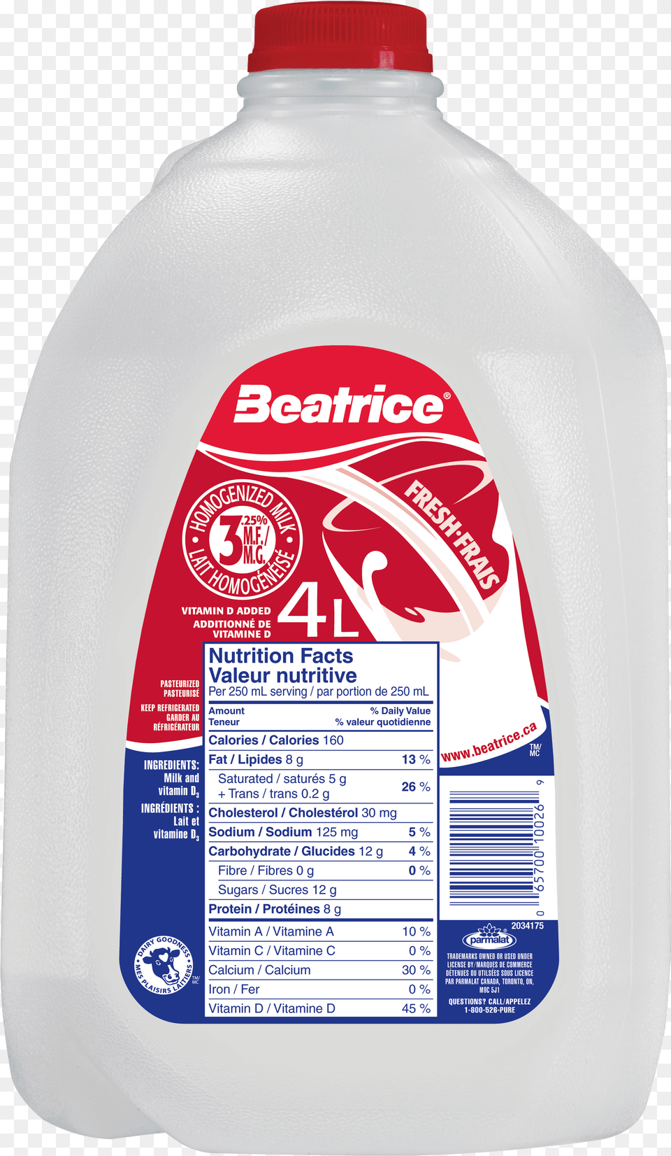 Homogenized Milk 4l Beatrice Milk Nutrition Facts, Food, Ketchup, Bottle, Beverage Free Png