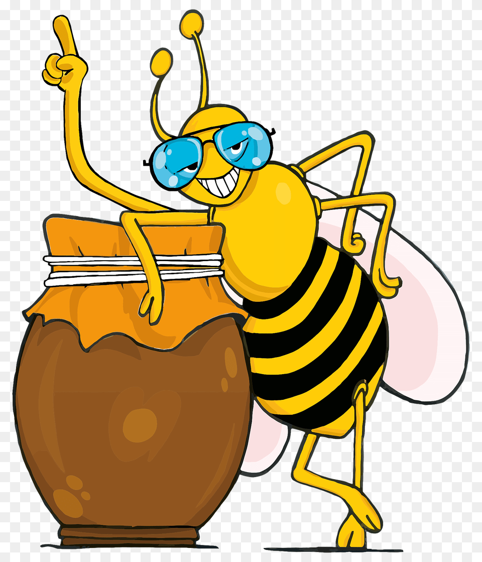 Honey Bee Wearing Sunglasses Leaning On A Honey Jar Clipart, Animal, Insect, Invertebrate, Wasp Free Png Download