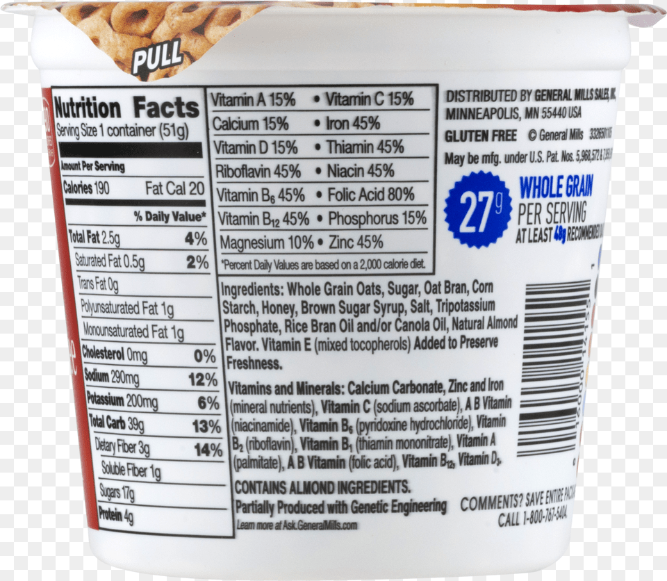 Honey Nut Cheerios Cereal Cup Gluten Cereal 18 Oz Cup Of Honey Nut Cheerios Nutrition Facts, Dessert, Food, Yogurt, Cream Free Png Download