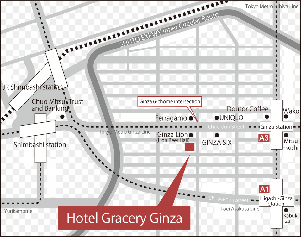 Hotel Gracery Ginza39s Prime Location Provides Guests Ginza Hotel Map, Chart, Diagram, Plan, Plot Free Transparent Png