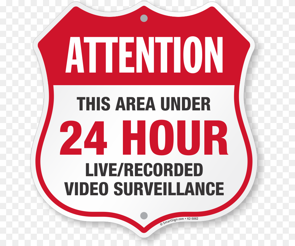 Hour Surveillance Shield Sign Printing, Symbol, Food, Ketchup, Road Sign Free Png