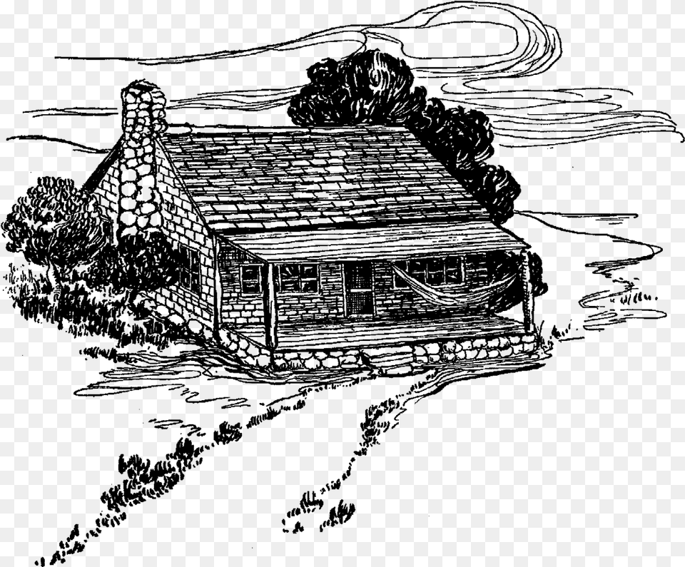 House Log Cabin Illustration Drawing Digital Vintage Log Cabin Illustration, Gray Png