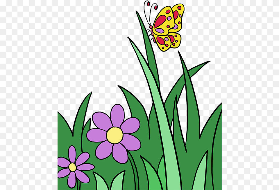 How To Draw Butterfly Garden Flower With Butterfly Drawing, Daisy, Plant, Purple, Art Png Image