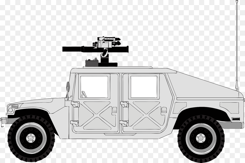 Hummer With A Mounted Gun Black And White Clipart, Machine, Wheel, Weapon, Car Png