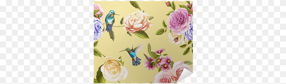 Humming Bird Roses With Leaves On Yellow Carta Da Parati Colibr, Art, Floral Design, Graphics, Pattern Free Png Download