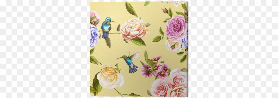 Humming Bird Roses With Leaves On Yellow Carta Da Parati Colibr, Graphics, Art, Pattern, Floral Design Free Png Download