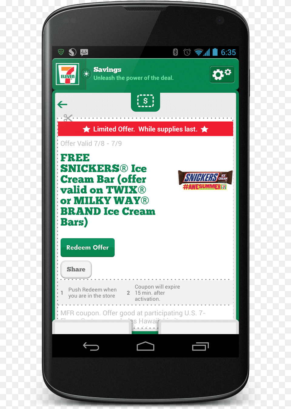 Hurry For Your Snickers Ice Cream Bar While Supplies 7 Eleven App Coupon, Electronics, Mobile Phone, Phone Free Png Download