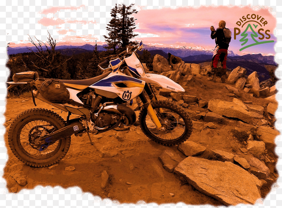 Husqvarna Motorcycle And Rider On Scenic Mountaintop, Transportation, Vehicle, Machine, Wheel Png