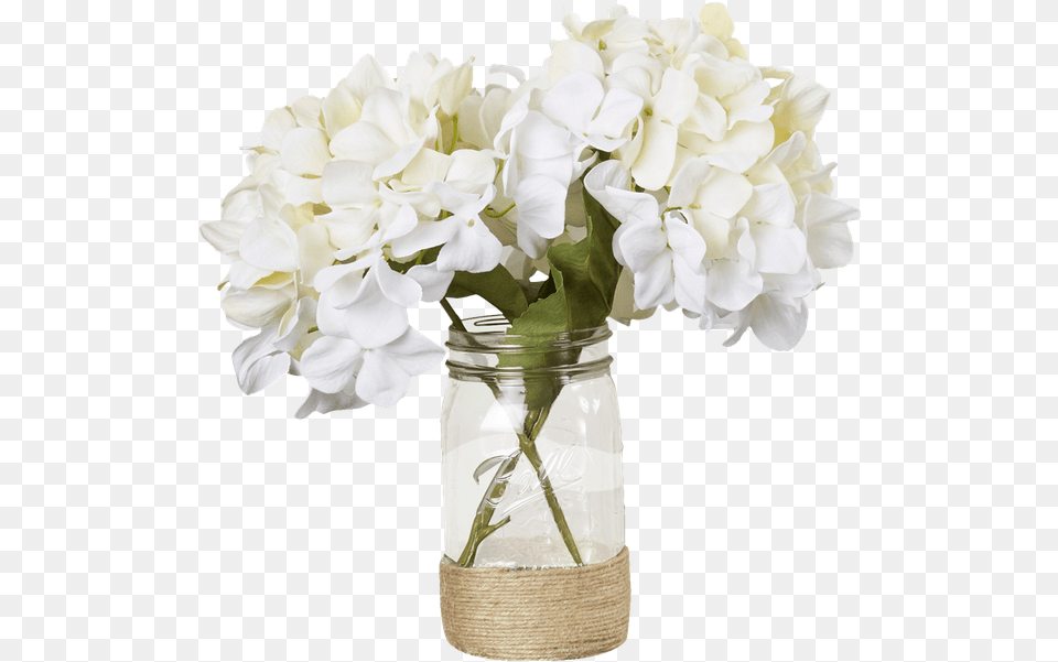 Hydrangea Bouquet In Rope Embellished Mason Jar Transparent Mason Jar Flowers, Plant, Flower, Flower Arrangement, Flower Bouquet Free Png