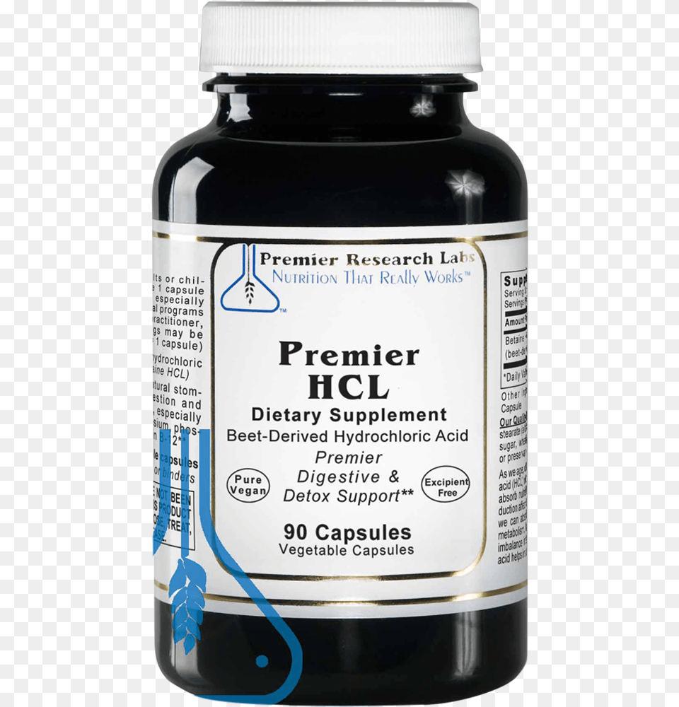Hydrochloric Acid Supplement 90 Capsules Premier Research Labs Probiotic, Food, Seasoning, Syrup, Bottle Png