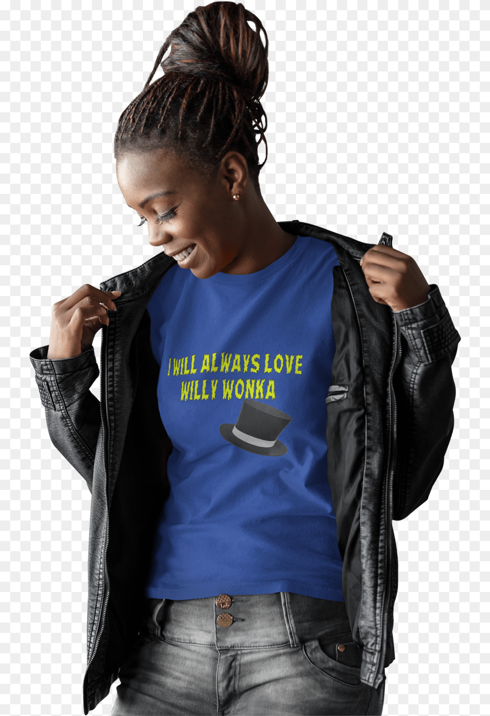 I Will Always Love Willy Wonka Woman T Shirt Mockup Jacket, Clothing, Coat, Pants, Jeans Free Png