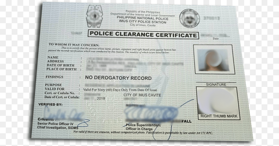 If The Police Clearance Certificate Is To Be Used Abroad Police Clearance Imus Cavite 2018, Text, Document, Id Cards, Passport Free Png Download