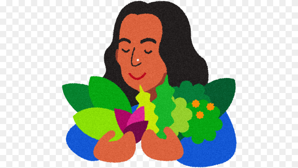 Illustrated Woman Smelling Fresh Leafy Greens Illustration, Art, Graphics, Photography, Person Png Image