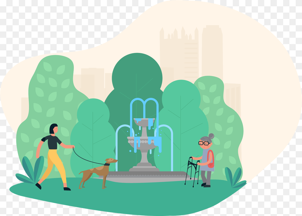 Illustration, Person, Walking, Architecture, Fountain Png Image