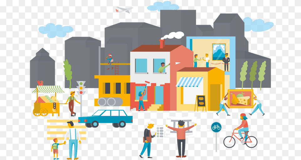 Illustration, Neighborhood, Person, City, Bicycle Free Png Download