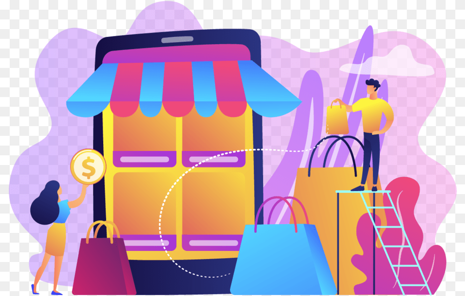 Illustration Banner Tiny People Bright Online Shop Banner Header, Bag, Purple, Accessories, Person Free Png
