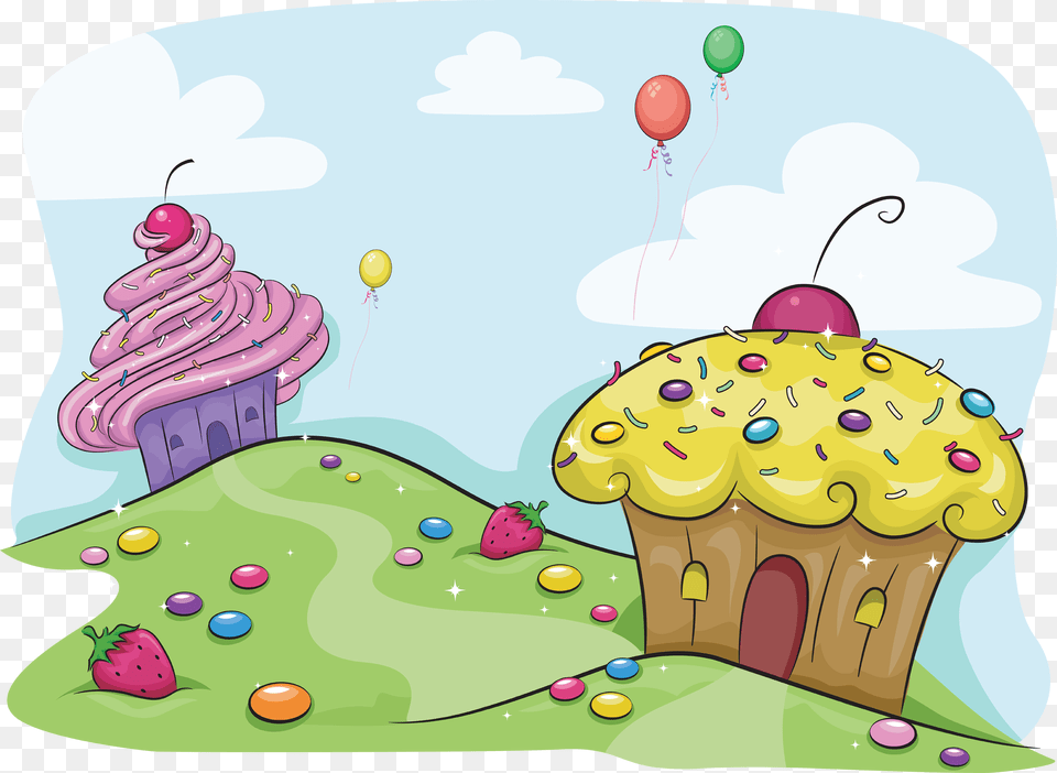 Illustration Featuring A Land Full Of Cupcakes And, Balloon, Cake, Cream, Cupcake Free Png Download