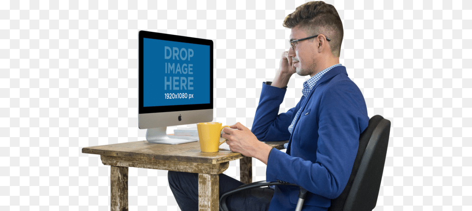 Imac Mockup Featuring A Working Man Wearing Glasses Man Working On Computer, Monitor, Hardware, Electronics, Screen Free Png