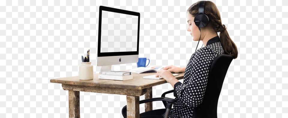 Imac Mockup Of A Woman Working While Listening Go Cubes Energy Chews Duo Latte And Mocha Flavors, Table, Furniture, Desk, Adult Free Png