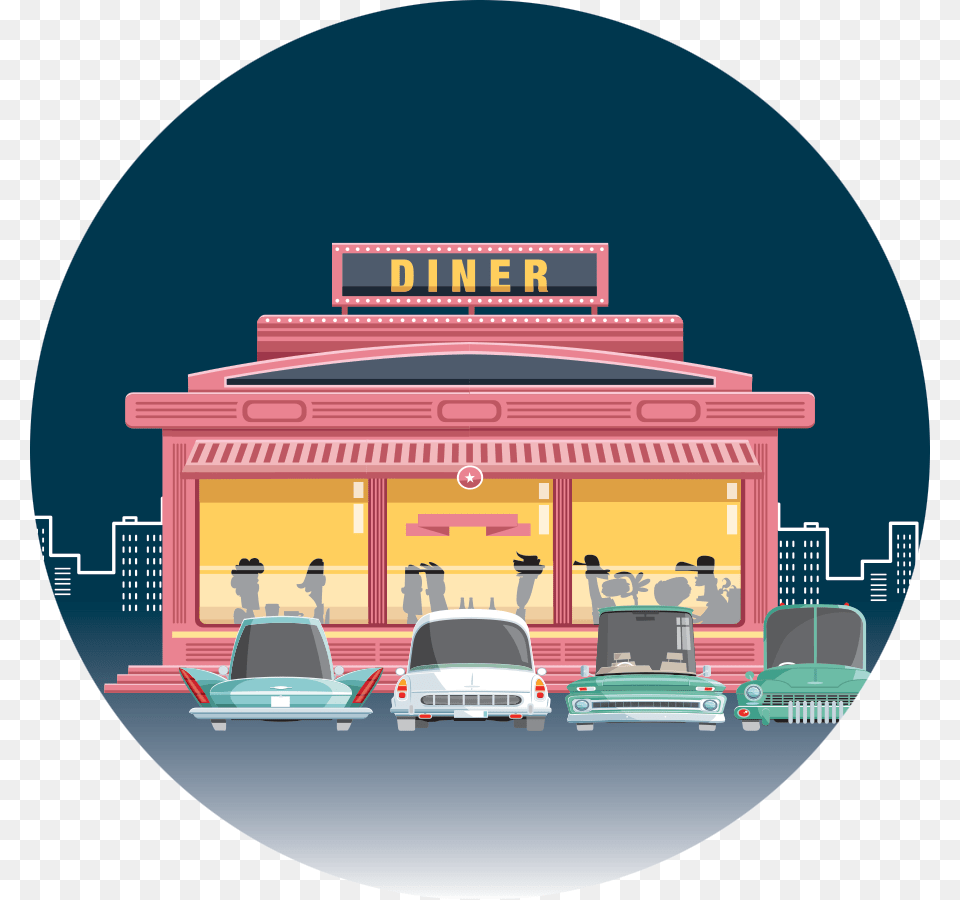 Depicting Cartoon Diner With People Eating Inside Car, Transportation, Vehicle, Car Wash, Machine Png Image