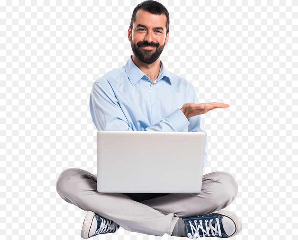 Image Man Hold Laptop, Sitting, Shoe, Shirt, Person Free Transparent Png