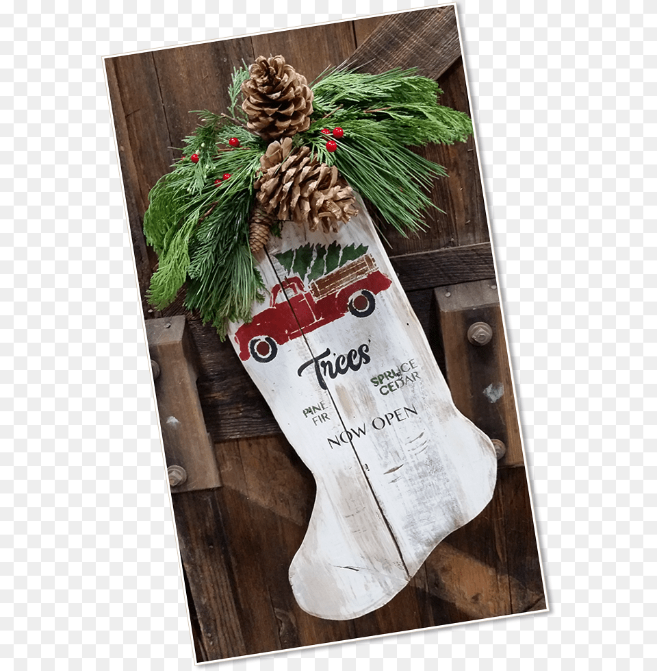 Image Of A Wooden Holiday Stocking Christmas Stocking, Tree, Plant, Festival, Christmas Decorations Free Png