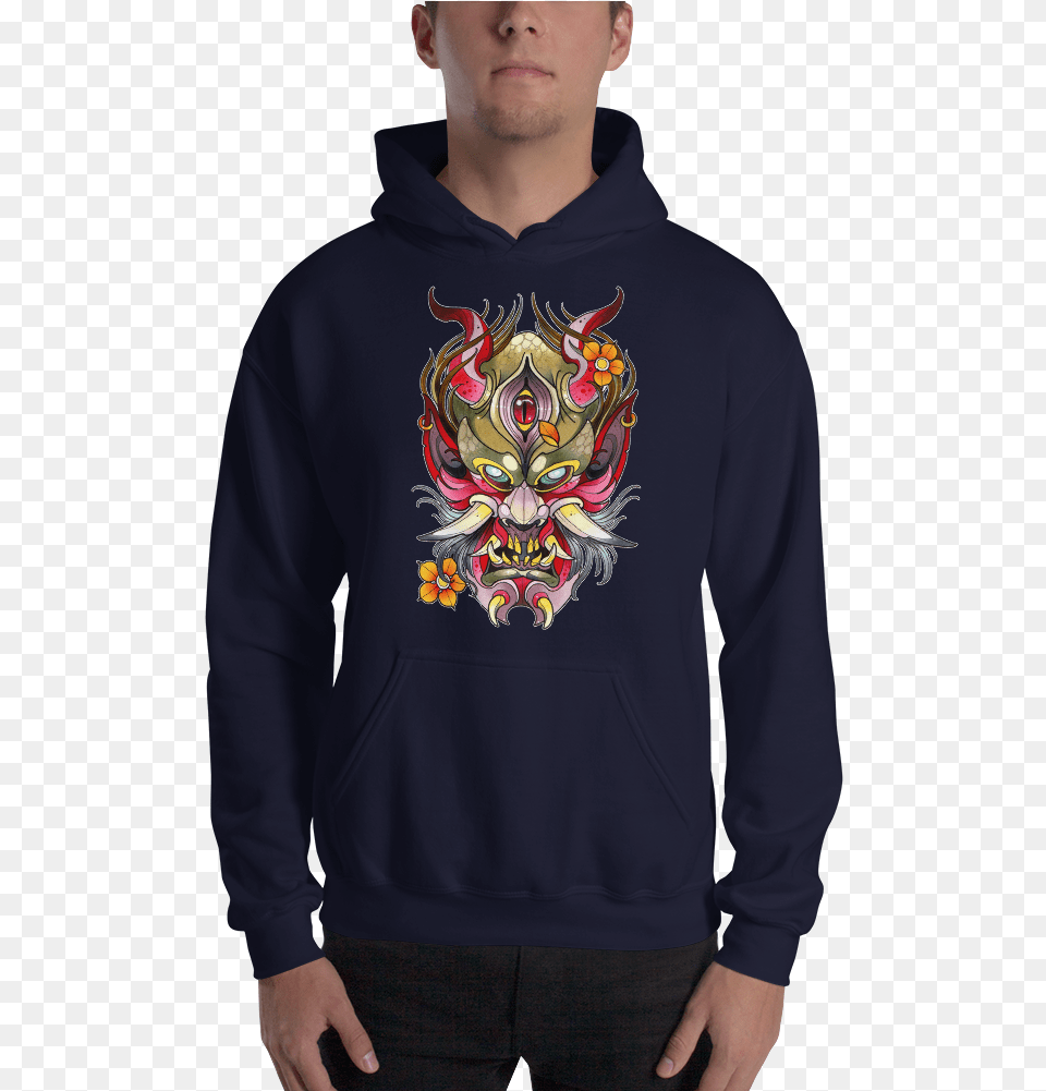Image Of Men Sweater Oni Mask Shock The System Logo Cole Fish O Reilly, Clothing, Hoodie, Knitwear, Sweatshirt Free Transparent Png