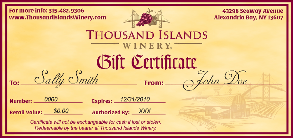 Image Of Winery Gift Certificate Landscape Design, Text, Document, Diploma Free Transparent Png