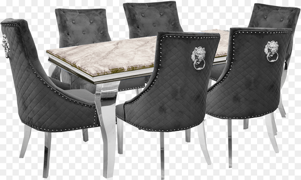 Imperial White Smoke Dining Table 16m With 6 Grey Plush Lion Duke Chairs Club Chair, Architecture, Room, Indoors, Furniture Png Image