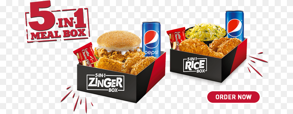 In 1 Zinger Meal Box Kfc Kfc Menu 5 En, Burger, Food, Lunch, Advertisement Free Png