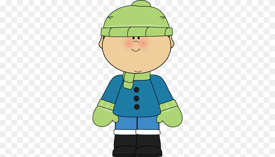 In A Green Scarf Cap Gloves Blue Winter Coat And Snow Winter Boy Clipart, Clothing, Hardhat, Helmet, Baby Free Transparent Png