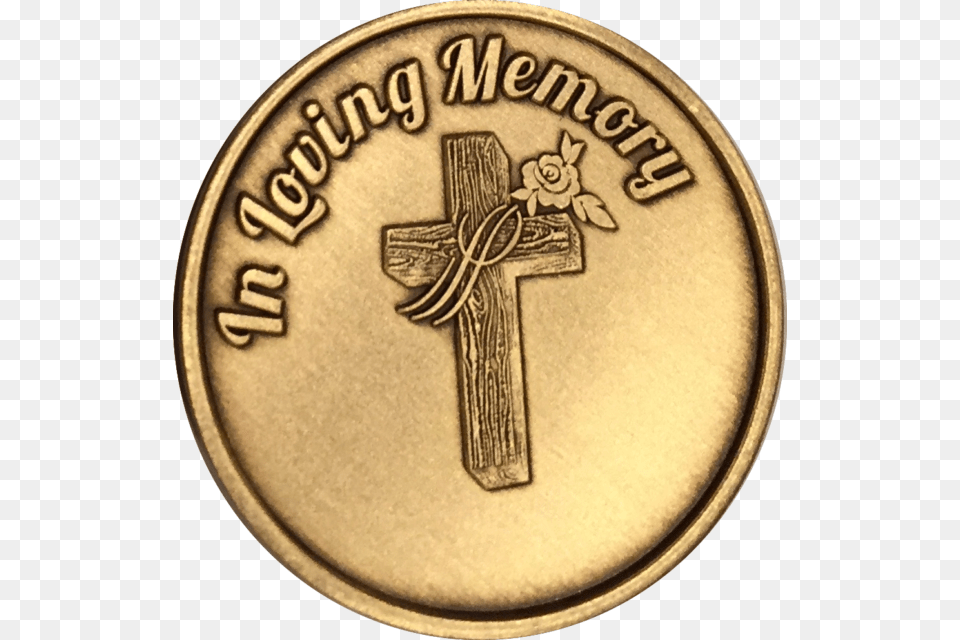 In Loving Memory Cross Rose Memorial Bronze Medallion Gift Coin, Symbol, Gold, Money Png