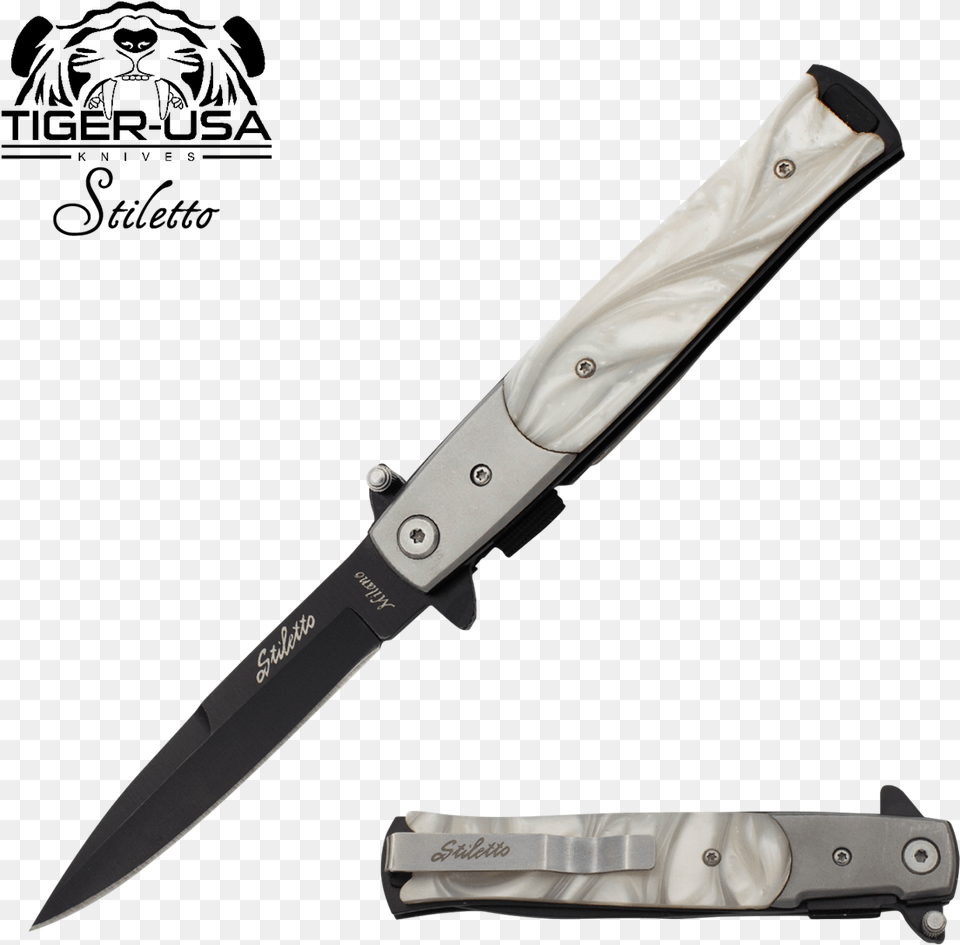 Inch Godfather Stiletto Style Folding Knife Pearl White And Black Stiletto Knife, Blade, Dagger, Weapon Png