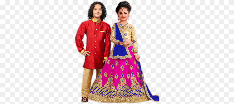 Indian Kids In Wedding Wear Lehenga Pink And Blue For Kids, Formal Wear, Gown, Silk, Fashion Free Png