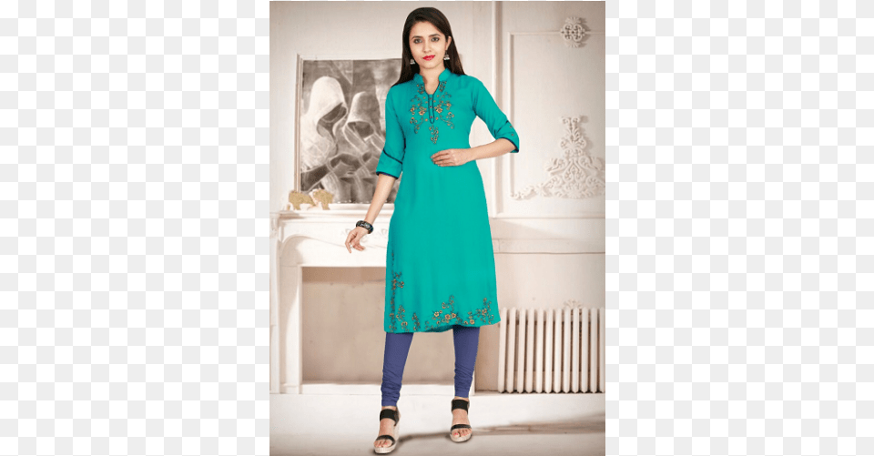 Indijoy Women39s Rayon Straight Kurti With Embroidery Turquoise Embroidery, Clothing, Dress, Adult, Female Free Png