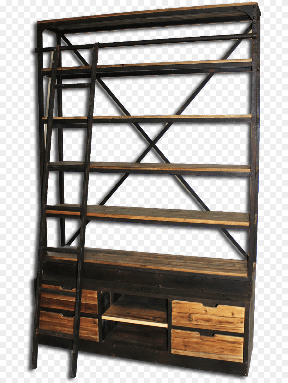 Industrial Bookshelf With Ladder, Wood, Furniture, Shelf Free Transparent Png