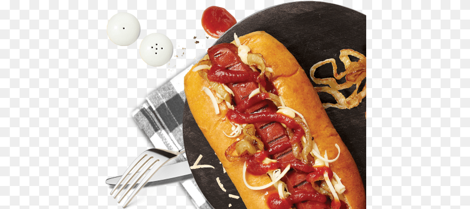 Ingredients Chicago Style Hot Dog, Food, Hot Dog, Cutlery, Fork Png Image