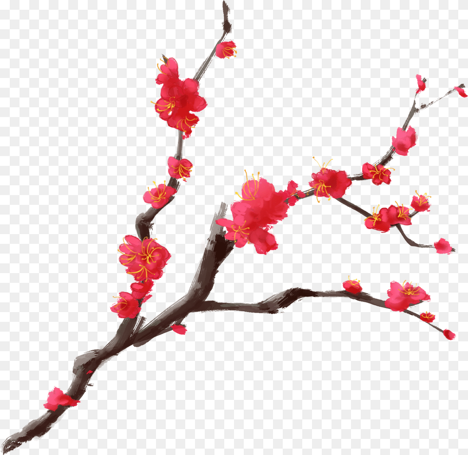 Ink Plum Chinese Style Red Hand Painted Branches Red Chinese Cherry Blossom, Flower, Petal, Plant, Person Free Png Download