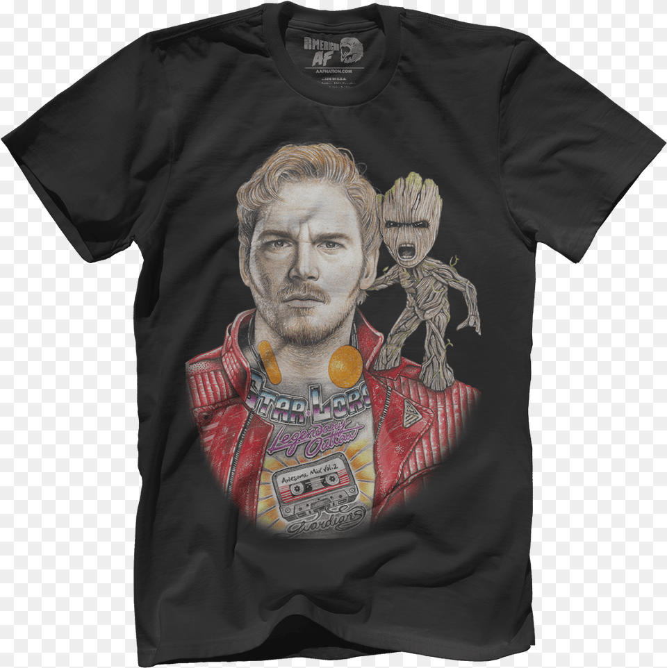 Inked Star Lord And Baby Groot American Af Aaf Nation Back To Back World War Champs Shirt, Clothing, T-shirt, Adult, Face Png Image