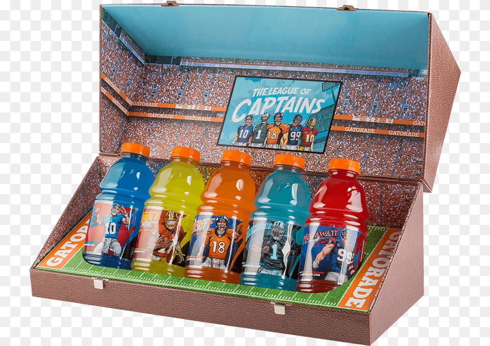 Interior Opens To Reveal Stadium And Limited Time Offer Gatorade Join The League Of Captains, Person, Bottle, Box Png Image