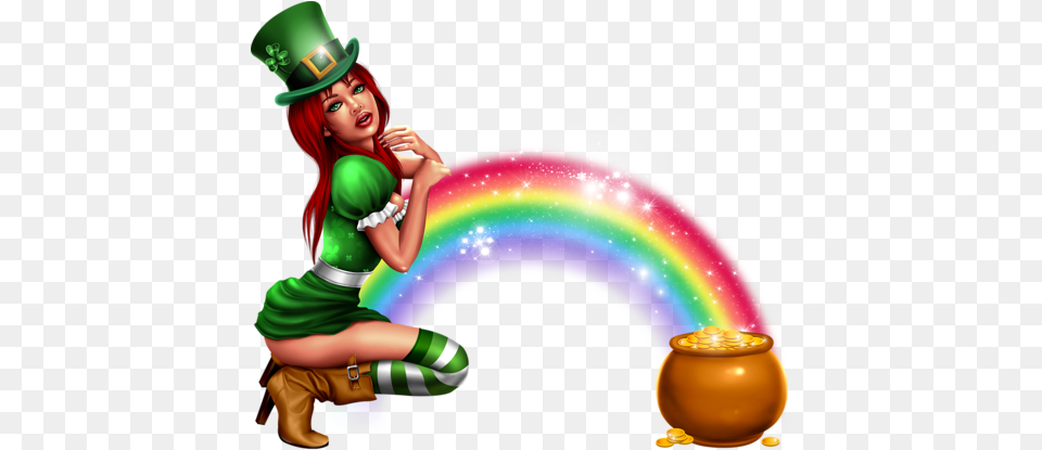 Irish Girl With Gold Pot And Rainbow Official Psds Female Leperchaun Clipart, Adult, Person, Woman, Art Free Png Download