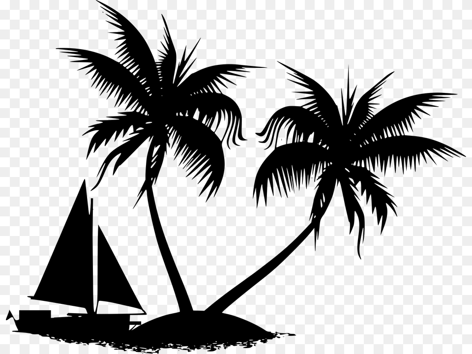 Island Yacht Sea Silhouette Ship Tropical Palm Tropics, Gray Free Png Download