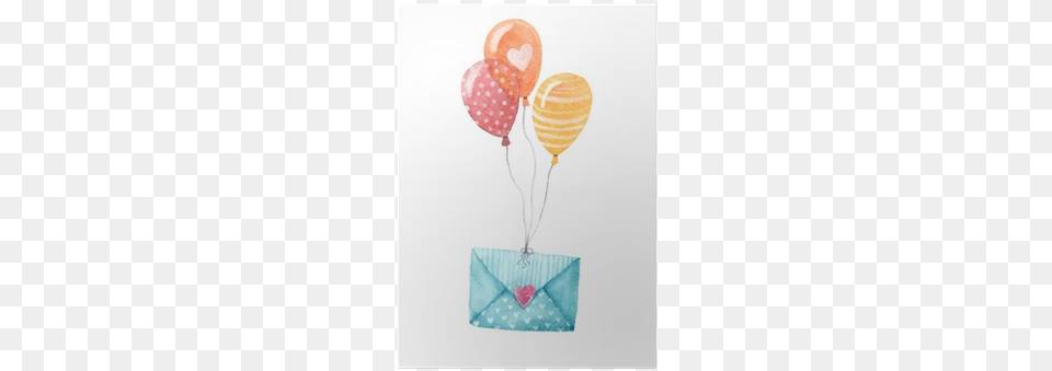 Isolated Watercolor Illustration Of An Envolope And Birthday, Balloon, Aircraft, Transportation, Vehicle Free Png Download