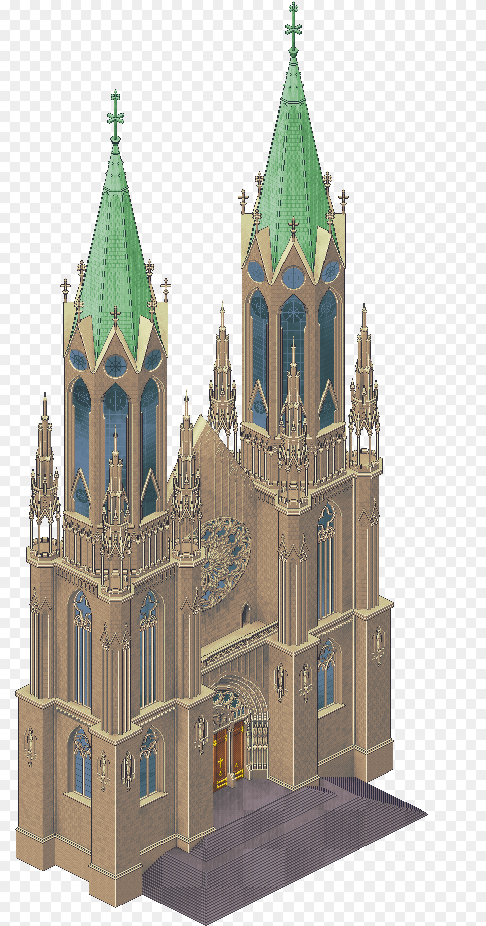 Isometric Pixel Art Cathedral, Tower, Spire, Church, Building Png Image